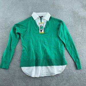 Hilary Radley Green V-Neck Sweater With Faux White Shirt Womens Size S NWT 3657